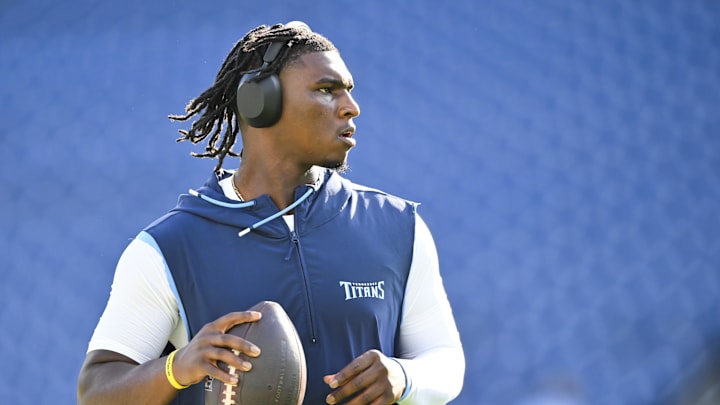 Tennessee Titans quarterback Cameron Ward throws during pre-game warm-ups at Nissan Stadium.