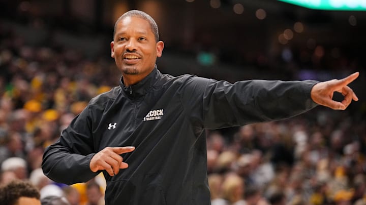 Feb 25, 2025; Columbia, Missouri, USA; South Carolina Gamecocks head coach Lamont Paris reacts to play against the Missouri Tigers during the first half at Mizzou Arena. Mandatory Credit: Denny Medley-Imagn Images