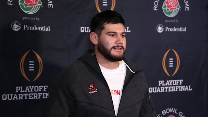 Dec 29, 2925; Los Angeles, California, USA; Alabama Crimson Tide tight end Josh Cuevas speaks at press conference  at the JW Marriott LA Live. Mandatory Credit: Kirby Lee-Imagn Images