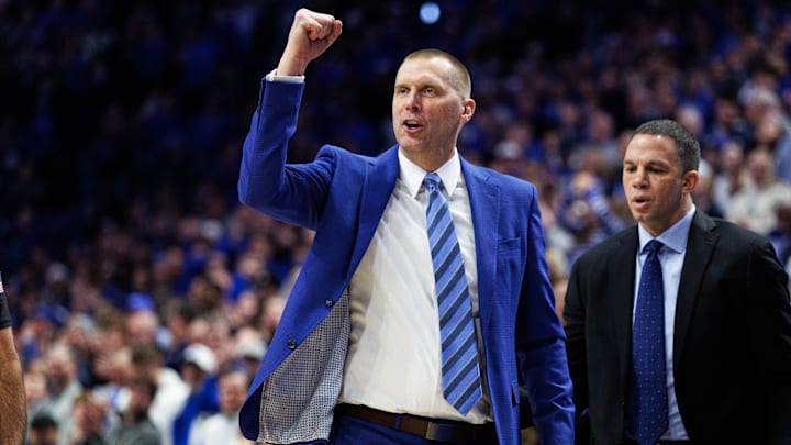 Jan 24, 2026; Lexington, Kentucky, USA; Kentucky Wildcats head coach Mark Pope celebrates after a play during the second half against the Mississippi Rebels at Rupp Arena at Central Bank Center. Mandatory Credit: Jordan Prather-Imagn Images