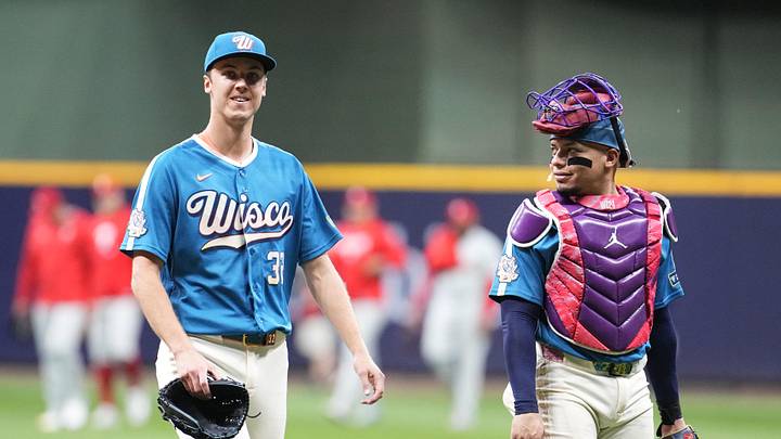 Jun 12, 2026; Milwaukee, Wisconsin, USA; Milwaukee Brewers pitcher Jacob Misiorowski (32) celebrate with catcher William Contreras (24) after a nine innings 6-0 win over the Philadelphia Phillies at American Family Field. Misiorowski (32) pitched all nine innings of the game. Mandatory Credit: Michael McLoone-Imagn Images Jun 12, 2026; Milwaukee, Wisconsin, USA; Milwaukee Brewers pitcher Jacob Misiorowski (32) celebrate with catcher William Contreras (24) after a nine innings 6-0 win over the Philadelphia Phillies at American Family Field. Misiorowski (32) pitched all nine innings of the game. Mandatory Credit: Michael McLoone-Imagn Images