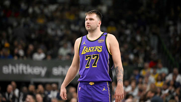 Apr 9, 2025; Dallas, Texas, USA; Los Angeles Lakers guard Luka Doncic (77) during the game between the Dallas Mavericks and the Los Angeles Lakers at American Airlines Center. Mandatory Credit: Jerome Miron-Imagn Images Apr 9, 2025; Dallas, Texas, USA; Los Angeles Lakers guard Luka Doncic (77) during the game between the Dallas Mavericks and the Los Angeles Lakers at American Airlines Center. Mandatory Credit: Jerome Miron-Imagn Images