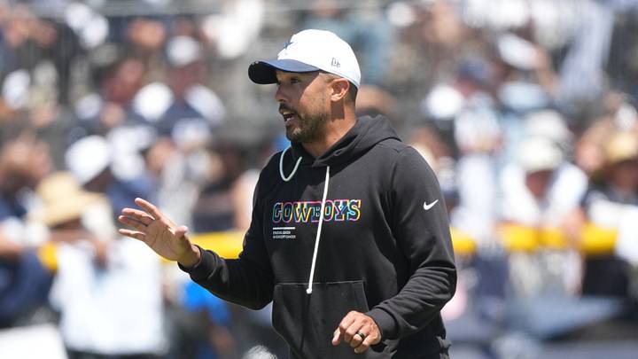 Dallas Cowboys offensive coordinator Klayton Adams at training camp at River Ridge Playing Fields. Mandatory Credit: Kirby Lee-Imagn Images