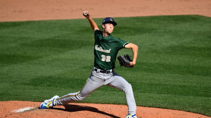 National League Futures relief pitcher Jacob Misiorowski (32) of the Milwaukee Brewers pitches to the American League during the fourth inning of the All Star-Futures game at T-Mobile Park in Seattle in July 2023.