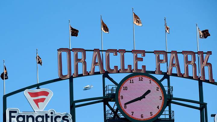 Sep 13, 2026; San Francisco, California, USA; A single-engine seaplane flies behind the centerfield scoreboard before a game between the San Diego Padres and the San Francisco Giants at Oracle Park. Mandatory Credit: Robert Edwards-Imagn Images