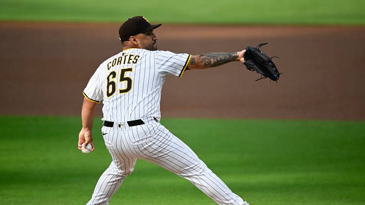 Aug 23, 2025; San Diego, California, USA; San Diego Padres starting pitcher Nestor Cortes (65) delivers during the first inning against the Los Angeles Dodgers at Petco Park. Mandatory Credit: Denis Poroy-Imagn Images