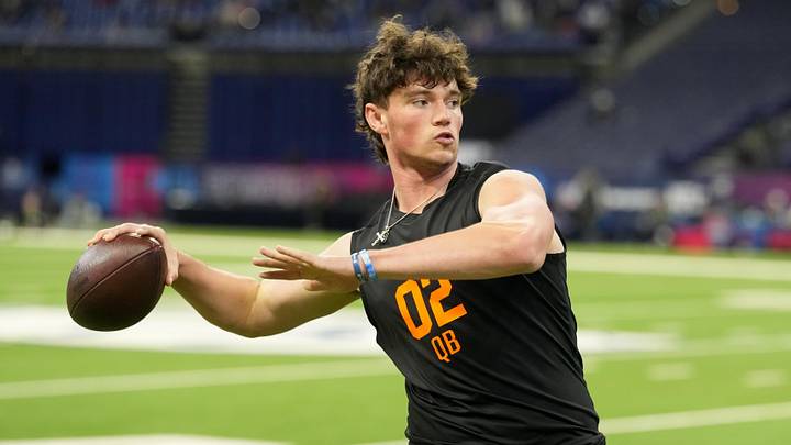 Former Penn State quarterback Drew Allar (QB02) during the NFL Scouting Combine at Lucas Oil Stadium.