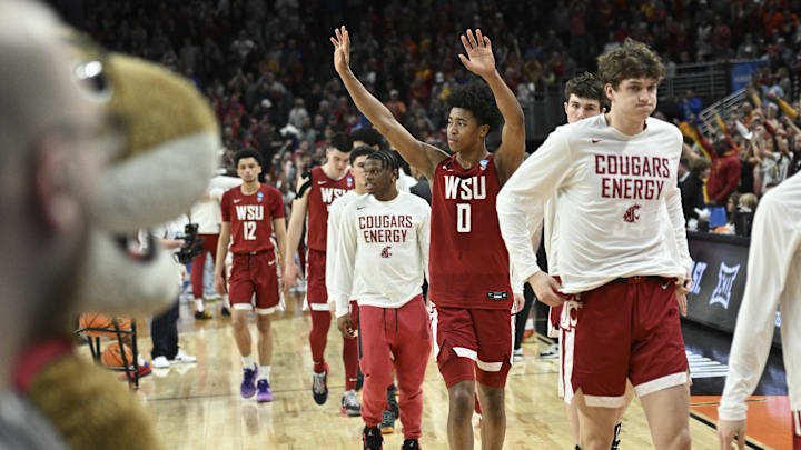 Mar 23, 2024; Omaha, NE, USA; Washington State Cougars forward Jaylen Wells (0) gestures after the second half against the Iowa State Cyclones in the second round of the 2024 NCAA Tournament at CHI Health Center Omaha. Mandatory Credit: Steven Branscombe-Imagn Images