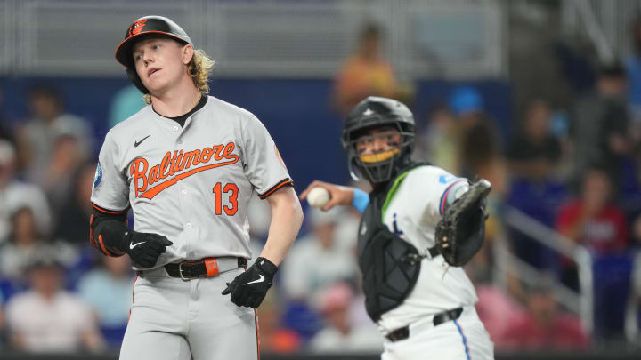 Jul 24, 2024; Miami, Florida, USA; Baltimore Orioles right fielder Heston Kjerstad (13) strikes out in the second inning against the Miami Marlins at loanDepot Park. Jul 24, 2024; Miami, Florida, USA; Baltimore Orioles right fielder Heston Kjerstad (13) strikes out in the second inning against the Miami Marlins at loanDepot Park.