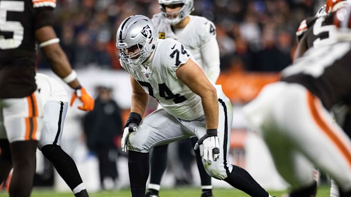 Dec 20, 2021; Cleveland, Ohio, USA; Las Vegas Raiders offensive tackle Kolton Miller (74) at the line of scrimmage against the Cleveland Browns during the second quarter at FirstEnergy Stadium. Mandatory Credit: Scott Galvin-USA TODAY Sports