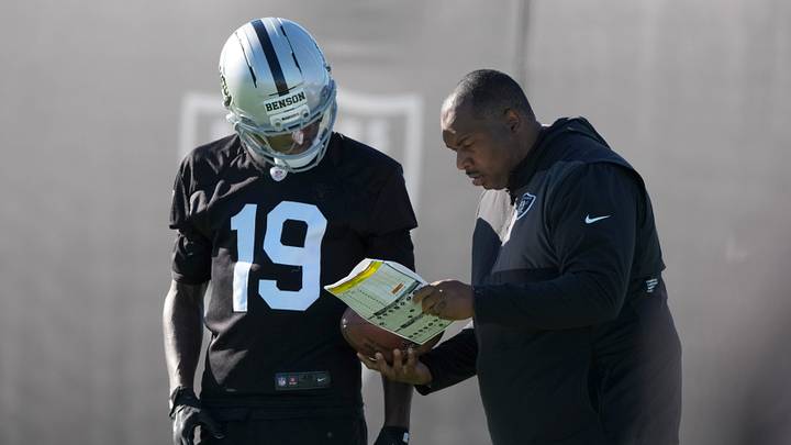 Jun 9, 2026; Henderson, NV, USA; Las Vegas Raiders running backs coach Omar Young (right) talks with receiver Malik Benson (19) during minicamp at Intermountain Health Performance Center. Mandatory Credit: Kirby Lee-Imagn Images