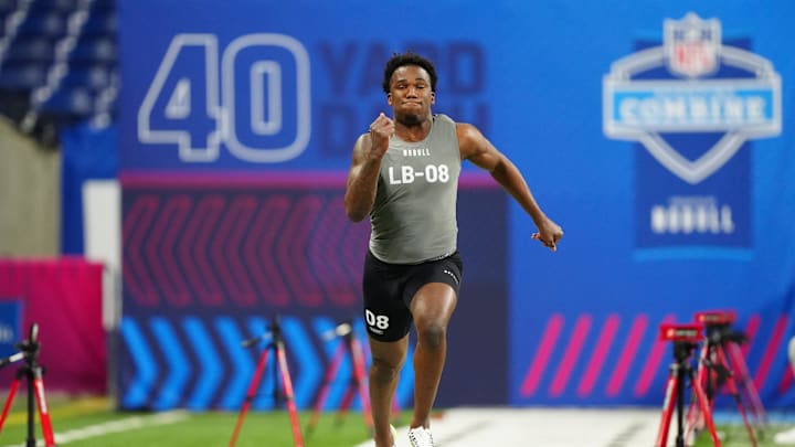 Feb 29, 2024; Indianapolis, IN, USA; Texas A&M linebacker Edgerrin Cooper (LB08) works out