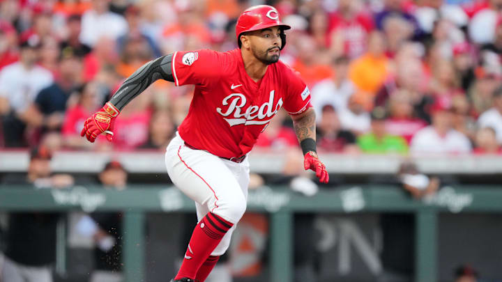 Cincinnati Reds first base Christian Encarnacion-Strand (33) sees a fly ball land in short right field for a hit in the second inning of a baseball game against the Baltimore Orioles, Saturday, May 4, 2024, at Great American Ball Park in Cincinnati.