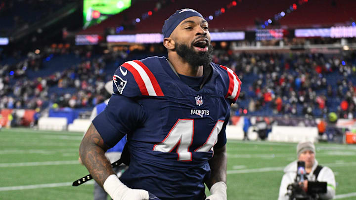Jan 11, 2026; Foxborough, MA, USA; New England Patriots linebacker K'Lavon Chaisson (44) jogs off the field after defeating the Los Angeles Chargers in an AFC Wild Card Round game at Gillette Stadium. Mandatory Credit: Eric Canha-Imagn Images Jan 11, 2026; Foxborough, MA, USA; New England Patriots linebacker K'Lavon Chaisson (44) jogs off the field after defeating the Los Angeles Chargers in an AFC Wild Card Round game at Gillette Stadium. Mandatory Credit: Eric Canha-Imagn Images