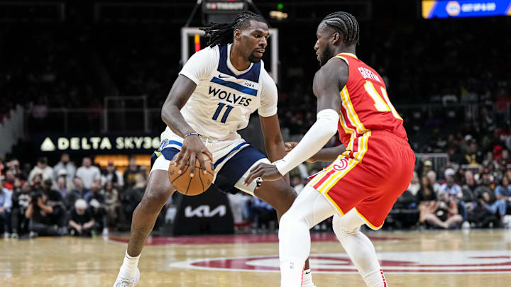 Oct 30, 2023; Atlanta, Georgia, USA; Minnesota Timberwolves center Naz Reid (11) handles the ball