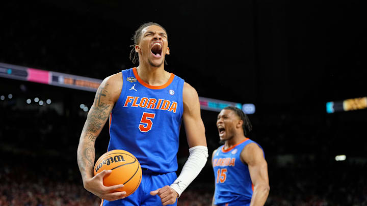 Apr 7, 2025; San Antonio, TX, USA; Florida Gators guard Will Richard (5) reacts after a play against the Houston Cougars during the second half of the national championship game of the Final Four of the 2025 NCAA Tournament at the Alamodome. Mandatory Credit: Bob Donnan-Imagn Images
