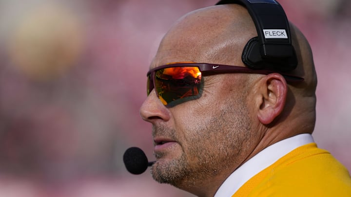Nov 29, 2024; Madison, Wisconsin, USA;  Minnesota Golden Gophers head coach P.J. Fleck looks on during the first quarter against the Wisconsin Badgers at Camp Randall Stadium. Mandatory Credit: Jeff Hanisch-Imagn Images