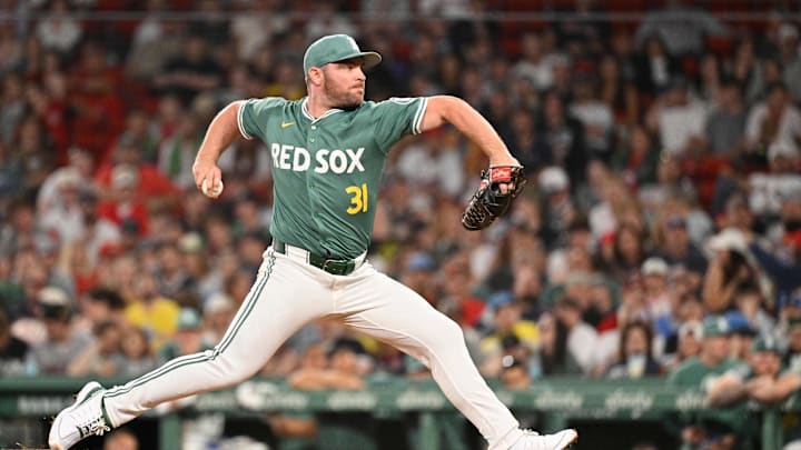 May 16, 2025; Boston, Massachusetts, USA; Boston Red Sox relief pitcher Liam Hendriks (31) throws against the Atlanta Braves during the ninth inning at Fenway Park. Mandatory Credit: Eric Canha-Imagn Images