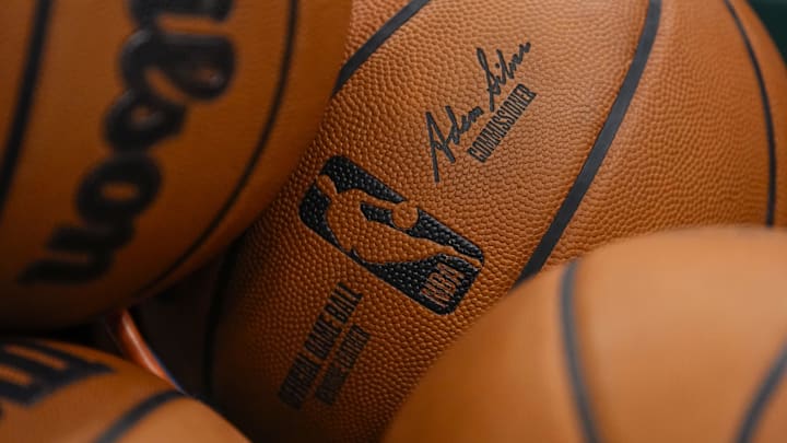 Nov 13, 2024; Milwaukee, Wisconsin, USA;  General view of NBA basketballs during warmups prior to the game between the Detroit Pistons and Milwaukee Bucks at Fiserv Forum. Mandatory Credit: Jeff Hanisch-Imagn Images