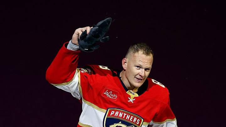 SUNRISE, FLORIDA - OCTOBER 15: Brady Tkachuk #8 of the Florida Panthers salutes the crowd after score in overtime for the win against the Vancouver Canucks at the Amerant Bank Arena on October 15, 2026 in Sunrise, Florida. (Photo by Eliot J. Schechter/NHLI via Getty Images) SUNRISE, FLORIDA - OCTOBER 15: Brady Tkachuk #8 of the Florida Panthers salutes the crowd after score in overtime for the win against the Vancouver Canucks at the Amerant Bank Arena on October 15, 2026 in Sunrise, Florida. (Photo by Eliot J. Schechter/NHLI via Getty Images)