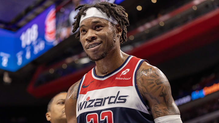 Mar 11, 2025; Detroit, Michigan, USA; Washington Wizards forward Richaun Holmes (22) is ejected from the game for an elbow to the face of Detroit Pistons forward Ausar Thompson (9) (not pictured) during the second half at Little Caesars Arena. Mandatory Credit: David Reginek-Imagn Images