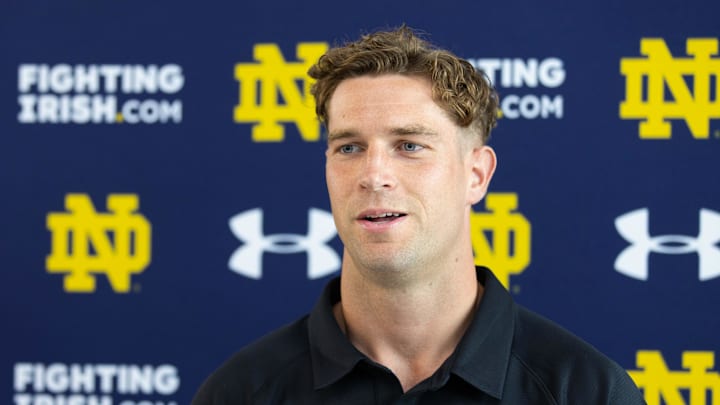 Australian punter James Rendell speaks with media on Thursday, June 20, 2024, at Irish Athletic Complex in South Bend.