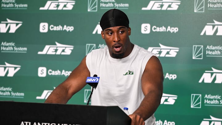 Jun 11, 2025; Florham Park, NY, USA; New York Jets running back Breece Hall (20) speaks at a press conference during minicamp at Atlantic Health Jets Training Center. Mandatory Credit: John Jones-Imagn Images