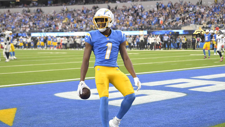 Quentin Johnston scores a touchdown for the Chargers in their 27–17 win over the Titans on Nov. 10, 2024.