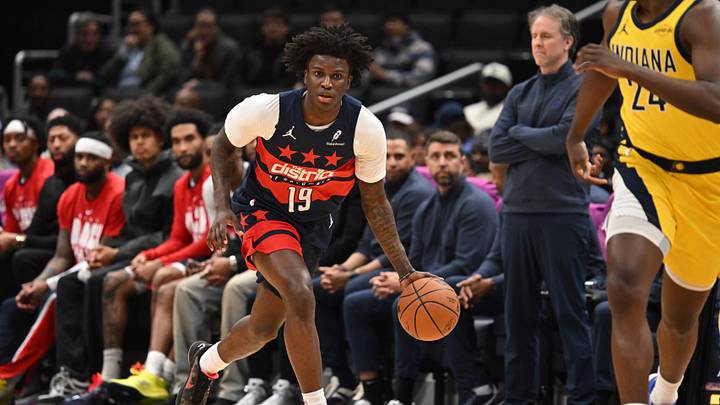 Feb 20, 2026; Washington, District of Columbia, USA; Washington Wizards guard Kadary Richmond (19) dribbles against the Indiana Pacers during the first quarter at Capital One Arena.