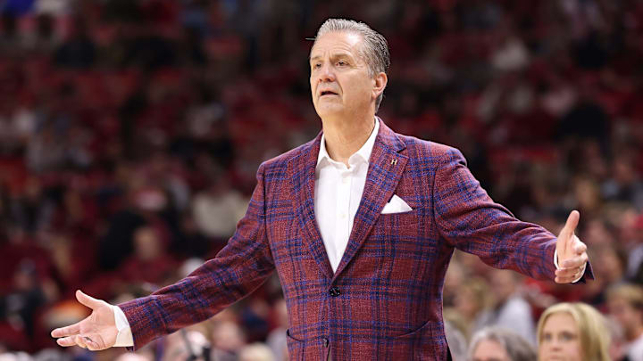 Dec 16, 2025; Fayetteville, Arkansas, USA; Arkansas Razorbacks head coach John Calipari during the first half against the Queens Royals at Bud Walton Arena. Mandatory Credit: Nelson Chenault-Imagn Images Dec 16, 2025; Fayetteville, Arkansas, USA; Arkansas Razorbacks head coach John Calipari during the first half against the Queens Royals at Bud Walton Arena. Mandatory Credit: Nelson Chenault-Imagn Images