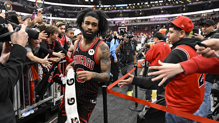 Jan 20, 2026; Chicago, Illinois, USA; Chicago Bulls guard Coby White (0) leaves the court after the game against the LA Clippers  at United Center. Mandatory Credit: Matt Marton-Imagn Images