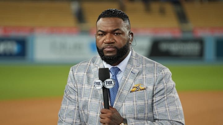 Oct 26, 2024; Los Angeles, California, USA; Fox Sports broadcaster David Ortiz speaks on field after game two between the Los Angeles Dodgers and the New York Yankees in the 2024 MLB World Series at Dodger Stadium. Mandatory Credit: Kirby Lee-Imagn Images Oct 26, 2024; Los Angeles, California, USA; Fox Sports broadcaster David Ortiz speaks on field after game two between the Los Angeles Dodgers and the New York Yankees in the 2024 MLB World Series at Dodger Stadium. Mandatory Credit: Kirby Lee-Imagn Images