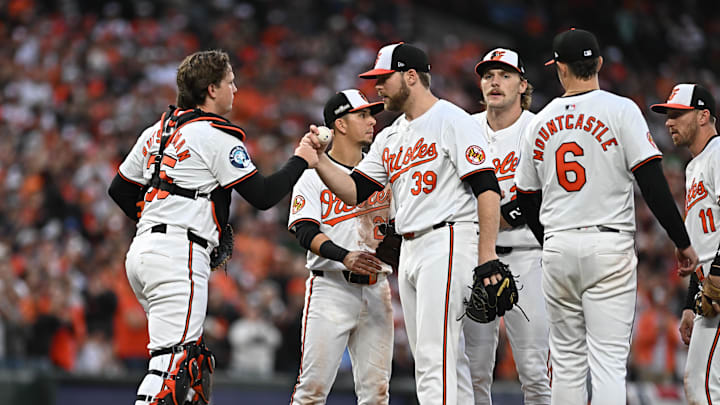 Oct 1, 2024; Baltimore, Maryland, USA; Baltimore Orioles pitcher Corbin Burnes (39) bumps fists with Baltimore Orioles catcher Adley Rutschman (35) during a pitching change in the ninth inning against the Kansas City Royals in game one of the Wild Card round for the 2024 MLB Playoffs at Oriole Park at Camden Yards. Oct 1, 2024; Baltimore, Maryland, USA; Baltimore Orioles pitcher Corbin Burnes (39) bumps fists with Baltimore Orioles catcher Adley Rutschman (35) during a pitching change in the ninth inning against the Kansas City Royals in game one of the Wild Card round for the 2024 MLB Playoffs at Oriole Park at Camden Yards.