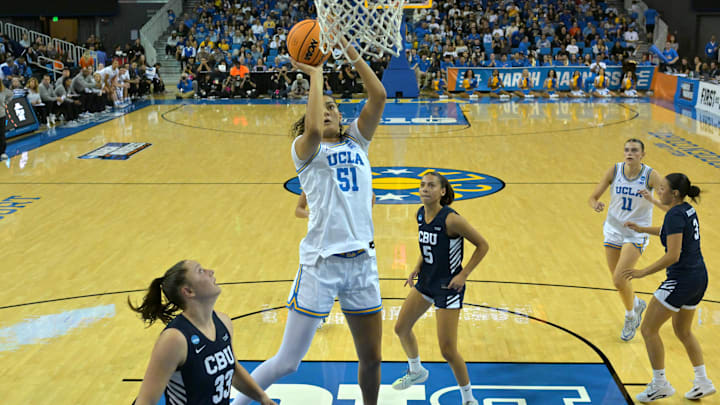 Mar 21, 2026; Los Angeles, CA, USA; UCLA Bruins center Lauren Betts (51) shoots over California Baptist Lancers forward Grace Schmidt (33) in the first half at Pauley Pavilion. Mandatory Credit: Jayne Kamin-Oncea-Imagn Images Mar 21, 2026; Los Angeles, CA, USA; UCLA Bruins center Lauren Betts (51) shoots over California Baptist Lancers forward Grace Schmidt (33) in the first half at Pauley Pavilion. Mandatory Credit: Jayne Kamin-Oncea-Imagn Images
