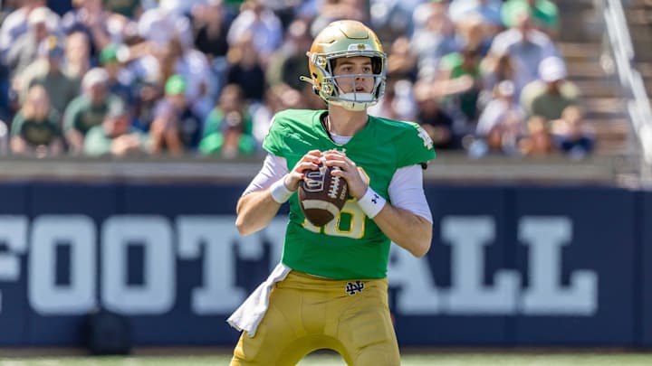 Apr 12, 2025; Notre Dame, IN, USA; Notre Dame Fighting Irish quarterback Steve Angeli (18) looks to pass during the Blue-Gold game at Notre Dame Stadium. Mandatory Credit: Michael Caterina-Imagn Images