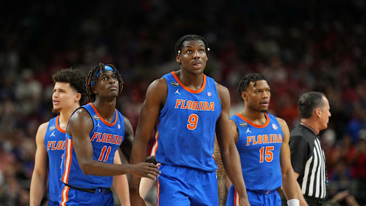 Apr 7, 2025; San Antonio, TX, USA; Florida Gators guard Denzel Aberdeen (11) and center Rueben Chinyelu (9) react after a play against the Houston Cougars during the second half of the national championship game of the Final Four of the 2025 NCAA Tournament at the Alamodome. Mandatory Credit: Bob Donnan-Imagn Images