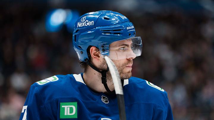 Apr 14, 2026; Vancouver, British Columbia, CAN; Vancouver Canucks forward Jake DeBrusk (74) during a stop in play against the Los Angeles Kings in the second period at Rogers Arena. Mandatory Credit: Bob Frid-Imagn Images