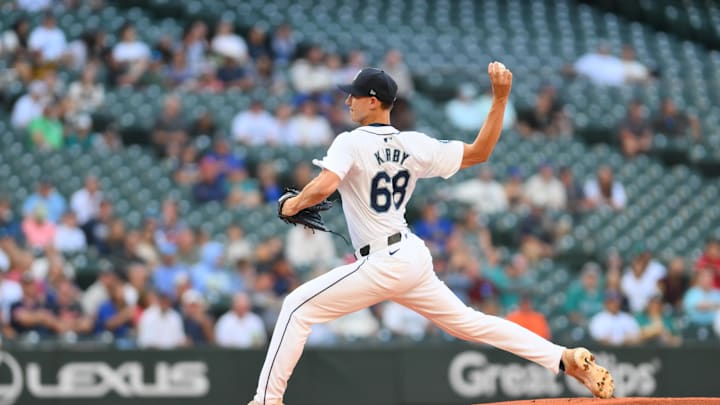 Seattle Mariners starting pitcher George Kirby (68) pitches to the Detroit Tigers during the first inning at T-Mobile Park on Aug 7.