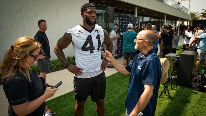 Jacksonville Jaguars defensive end Josh Hines-Allen (41) answers questions during a press conference after the seventh organized team activity at the Miller Electric Center in Jacksonville, Fla. Monday, June 2, 2025. [Doug Engle/Florida Times-Union]