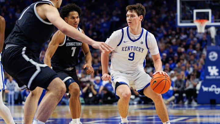 Oct 30, 2025; Lexington, KY, USA; Kentucky Wildcats forward Trent Noah (9) drives to the basket during the second half against the Georgetown Hoyas at Rupp Arena at Central Bank Center. Mandatory Credit: Jordan Prather-Imagn Images