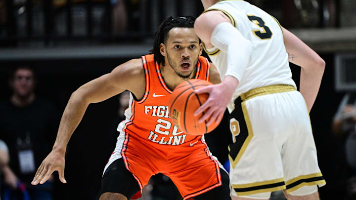 Jan 5, 2024; West Lafayette, Indiana, USA; Illinois Fighting Illini forward Ty Rodgers (20) defends