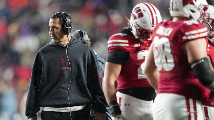 Nov 8, 2025; Madison, Wisconsin, USA;  Wisconsin Badgers head coach Luke Fickell during the game against the Washington Huskies at Camp Randall Stadium. Mandatory Credit: Jeff Hanisch-Imagn Images