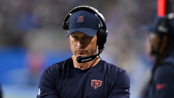 Sep 14, 2025; Detroit, Michigan, USA; Chicago Bears head coach Ben Johnson looks on during the second half of the game against the Detroit Lions at Ford Field. Mandatory Credit: Lon Horwedel-Imagn Images