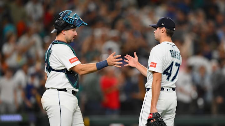 Sep 13, 2025; Seattle, Washington, USA; Seattle Mariners catcher Cal Raleigh (29) and relief pitcher Matt Brash (47) celebrate defeating the Los Angeles Angels at T-Mobile Park. Mandatory Credit: Steven Bisig-Imagn Images Sep 13, 2025; Seattle, Washington, USA; Seattle Mariners catcher Cal Raleigh (29) and relief pitcher Matt Brash (47) celebrate defeating the Los Angeles Angels at T-Mobile Park. Mandatory Credit: Steven Bisig-Imagn Images