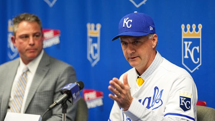 Nov 3, 2022; Kansas City, Missouri, USA; Kansas City Royals manager Matt Quatraro (33) and general manager J.J. Picollo talk with media during a press conference at Kauffman Stadium. Mandatory Credit: Jay Biggerstaff-Imagn Images Nov 3, 2022; Kansas City, Missouri, USA; Kansas City Royals manager Matt Quatraro (33) and general manager J.J. Picollo talk with media during a press conference at Kauffman Stadium. Mandatory Credit: Jay Biggerstaff-Imagn Images