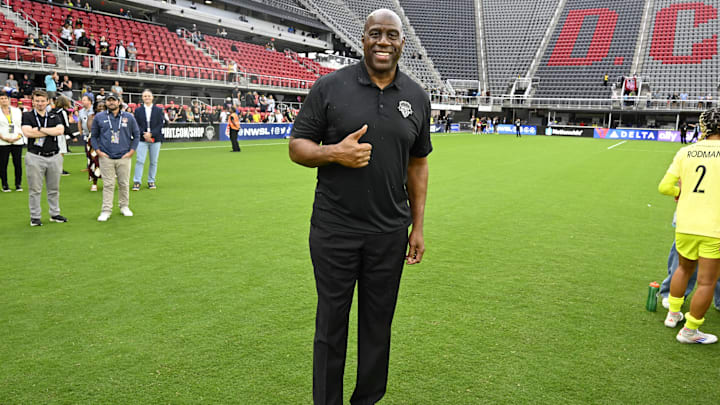 Sep 7, 2024; Washington, District of Columbia, USA; Washington Commanders owner Magic Johnson poses for a photo after the game between the Washington Spirit and Portland Thorns FC at Audi Field. Mandatory Credit: Brad Mills-Imagn Images Sep 7, 2024; Washington, District of Columbia, USA; Washington Commanders owner Magic Johnson poses for a photo after the game between the Washington Spirit and Portland Thorns FC at Audi Field. Mandatory Credit: Brad Mills-Imagn Images