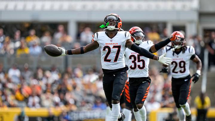 Cincinnati Bengals safety Jordan Battle (27) celebrates an interception in the second quarter of the NFL Week 3 game between the Pittsburgh Steelers and the Cincinnati Bengals at Acrisure Stadium in Pittsburgh on Sunday, Sept. 27, 2026. The game was tied at 17 at halftime.