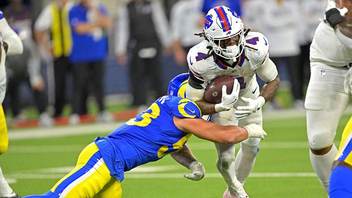 Oct 12, 2026; Inglewood, California, USA; Los Angeles Rams linebacker Nate Landman (53) forces a fumble by Buffalo Bills running back James Cook III (4) during the third quarter at SoFi Stadium. Mandatory Credit: Jayne Kamin-Oncea-Imagn Images Oct 12, 2026; Inglewood, California, USA; Los Angeles Rams linebacker Nate Landman (53) forces a fumble by Buffalo Bills running back James Cook III (4) during the third quarter at SoFi Stadium. Mandatory Credit: Jayne Kamin-Oncea-Imagn Images
