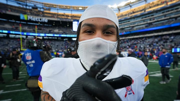 Minnesota Vikings wide receiver Jalen Nailor (1) points after a game against the New York Giants at MetLife Stadium, Dec 21, 2025, East Rutherford, NJ, USA