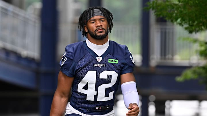 Jun 9, 2025; Foxborough, MA, USA; New England Patriots linebacker Cam Riley (42) walks to the practice fields at Gillette Stadium. Mandatory Credit: Eric Canha-Imagn Images